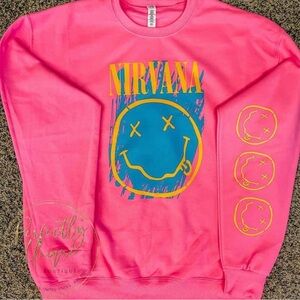 Brand New Nirvana Pink Crewneck Sweatshirt with Blue & Yellow Graphic